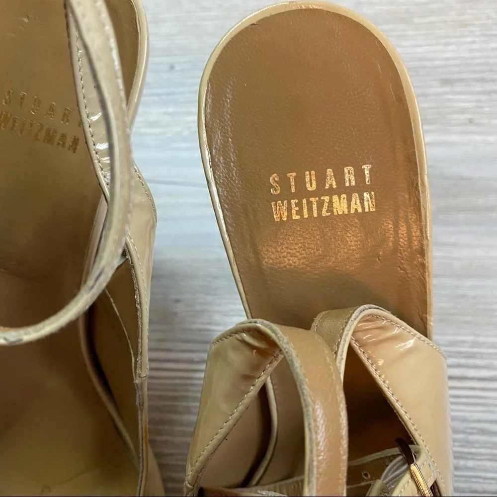 Stuart Weitzman beige patent leather ankle strap platform open toe heels size 8